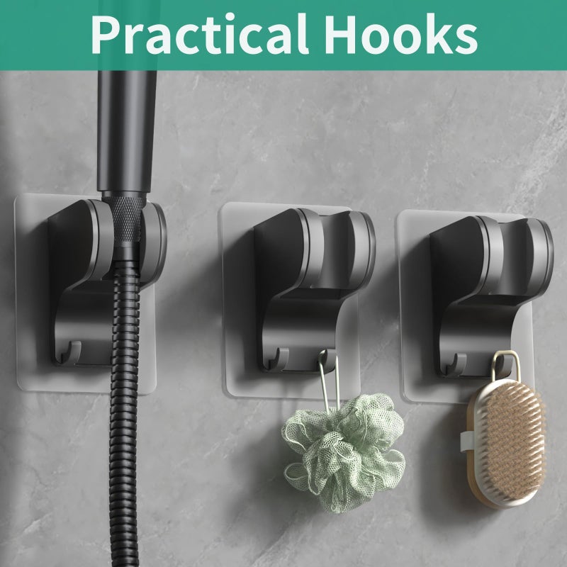 HEROBAI Hand Held Shower Head Holder Wall Mount, Shower Hose Holder Adhesive with 2 Hanger Hooks, Adjustable Shower Handle Holder, No Drilling Shower Wand Holder (Black, 1 Pack) - Image 3